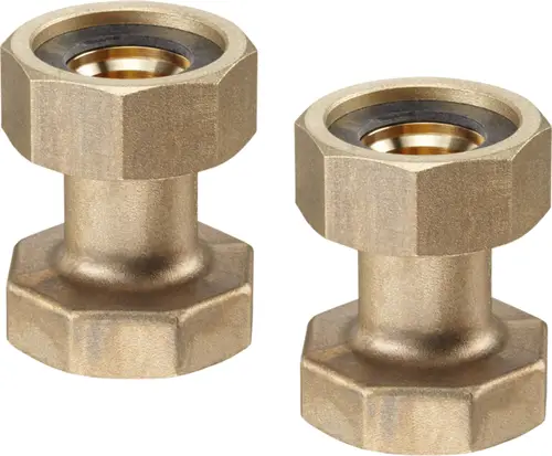 Oventrop Anschlussstückset aus Bronze, bestehend aus zwei gleichen Verbindungselementen mit sechseckiger Form und innenliegender Dichtung.